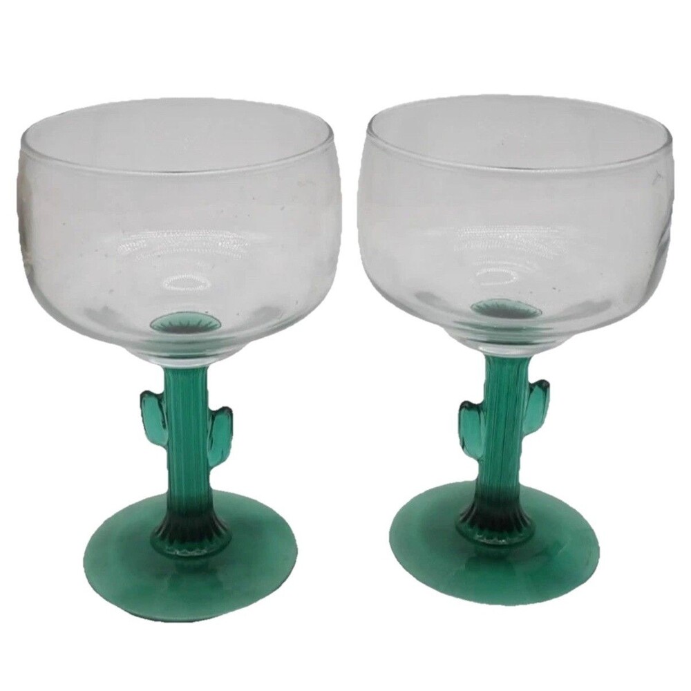 Set of 2 Green Cactus Stemmed Margarita Glasses Clear & Green Glass 6" tall